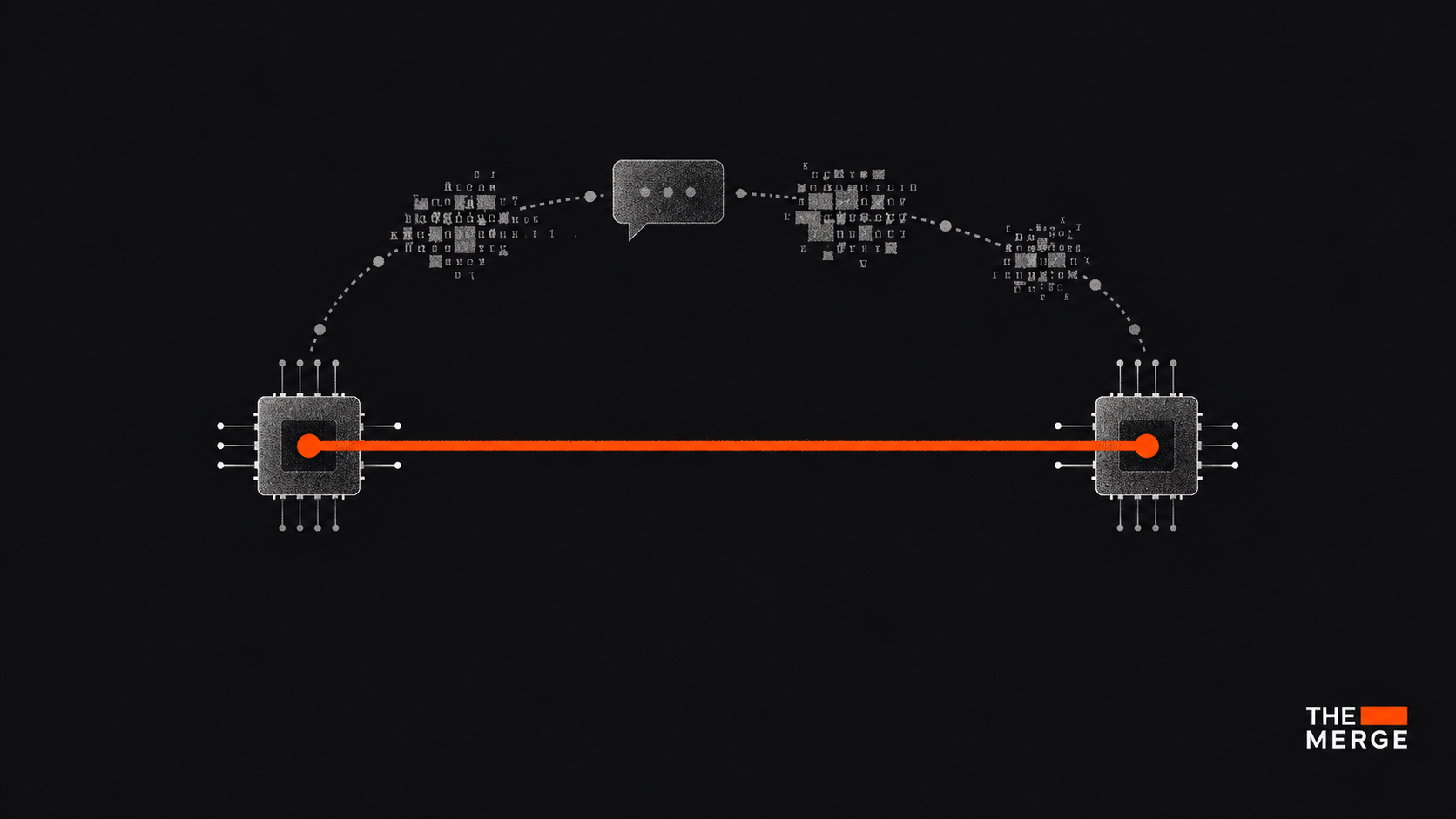 Two computer chips joined by a direct orange line, with a longer gray route through text and a speech bubble above them on a dark background.